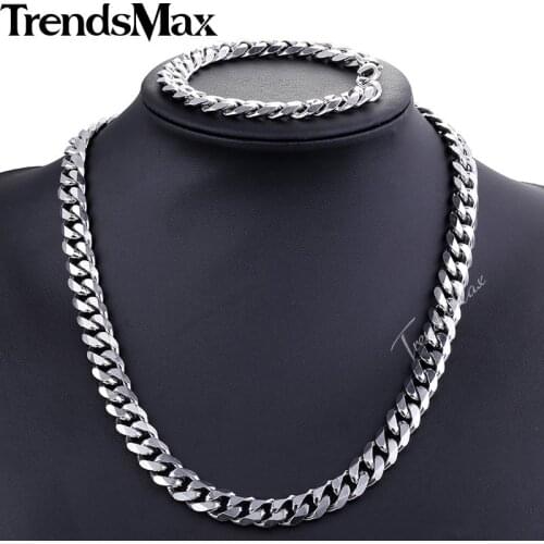 JEWELRY SET 11mm Mens Chain Boys Necklace Curb Cuban Link Stainless Steel Necklace Bracelet Set Jewelry Gift KS110