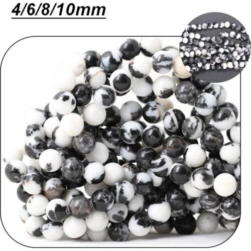 Natural Stone Bead Smooth Black White Zebra Round Loose Beads for Jewelry Making DIY Bracelet Accessories 4/6/8/10 Mm