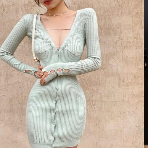 Slim elastic knitted v-neck dress women autumn long-sleeved package hip 2020 new sexy skinny women dress knitwear