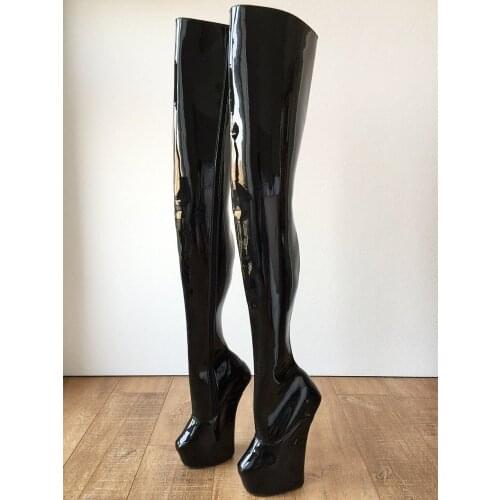 Black Patent Leather Sexy Over-the-knee Boots Hoof Heels High Tube Long Boots Pole Dance Thigh High Boot Women Shoes Botas Mujer
