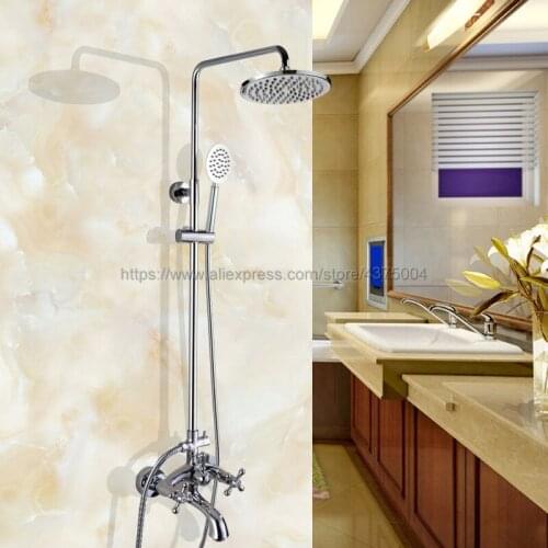 Polished Chrome Rainfall 8" Bath Shower Mixer Faucet Set Wall Mounted with Hand Shower Swivel Tub Spout Shower Taps Ncy357