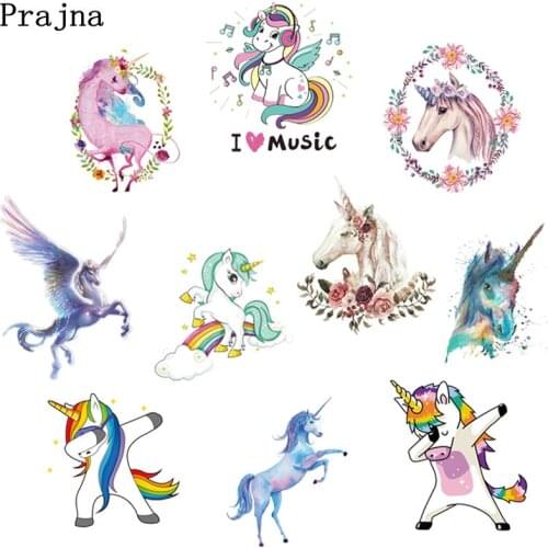Prajna Unicorn Horse Iron on Heat Transfer Patches For Kids Clothes T-shirt DIY Washable Vinyl Stickers Heat Press Applique E