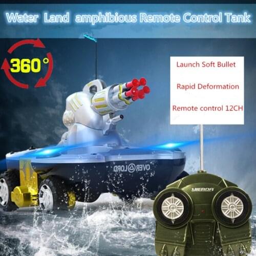Water Land Amphibious Remote Control Tank Ship Charging Launch Target Folding Crawling 360° Rotation Flashing Light