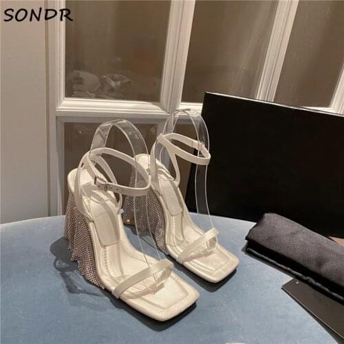 Luxury Crystal Tassel Ladies Party Sandals Women Fashion Bling Thin High Heels Sandals Summer Brand Design Wedding Shoes 2021