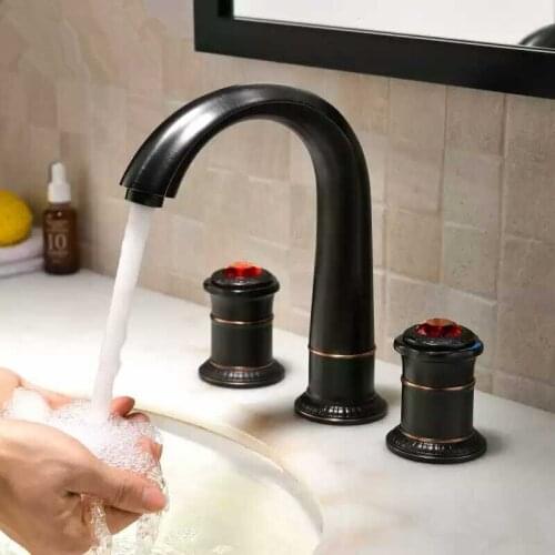 Black ORB Luxury 8" Widespread Ceramic Valve Three Holes lavatory Bathroom Sink Faucet Mixer tap deck mounted crystal handles