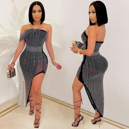 Sexy Off Shoulder Dress Strapless Bodycon Glitter See Through Dress Club Night Sukienka Irregular Elegant High Slit Dress Women