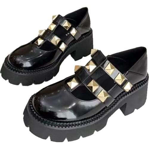 Mary Janes High Heel Female Rivet Patent Cowhide Leather Lolita Style Shoes Ladies Platform Height Increase 2021 Spring