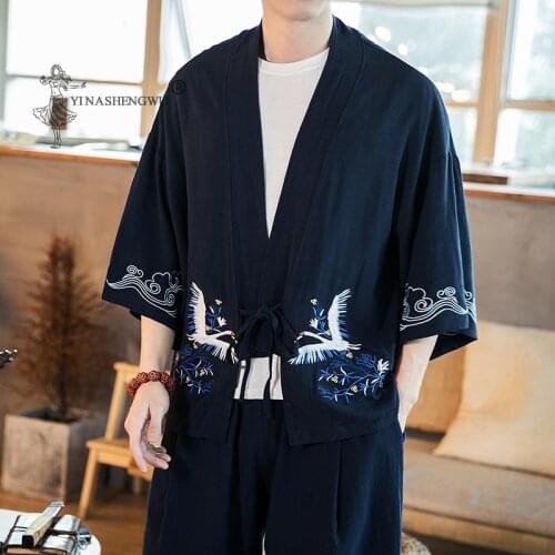 Japanese Kimono Print Yukata Coat Samurai Crane Harajuku Style Japan Haori Cardigan Tops Asian Chinese Traditional Shirt Costume