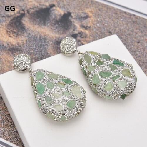 GuaiGuai Jewelry Natural Green Chrysoprase Silver Color Crystal Pave Water drop Dangle Lever Back Earrings Trendy For Women