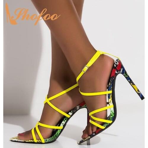 Yellow Snake Prints Stilettos Sandals Narrow Band Woman High Heels Buckle Ladies Fashion Mature Shoes Large Size 13 15 Shofoo