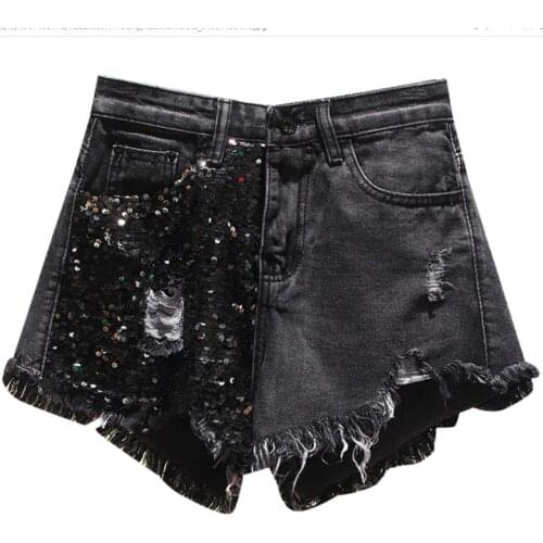 Plus size 5XL Summer New Arrival Women High Waist Solid Color Denim Hole Sequined Spliced Casual loose Shorts Jeans