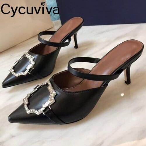 Pointy toe high Heels Leather Slippers Woman Runway Mules Sexy Elastic Strap Flip flops Ladies Party Shoes Women Slippers