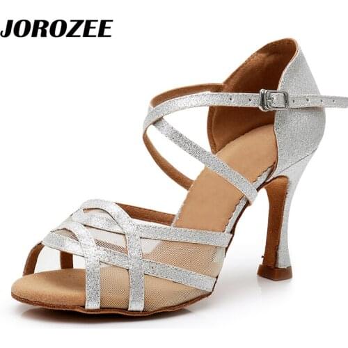 JOROZEE Latin Dance Shoes Women Silver Giltter Party Wedding Salsa Ballroom Dancing Shoes With Net Flash High Heel 7.5cm Soft