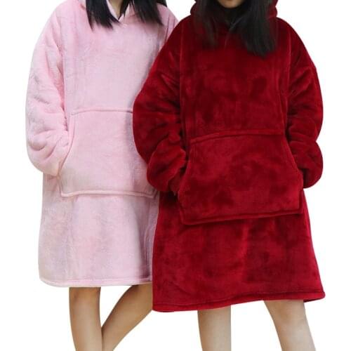 Women Winter Warm Sweatshirt Solid Color Hooded Long Sleeve Plush Pullover Warm and Comfortable Home Bathrobe Christmas Blanket