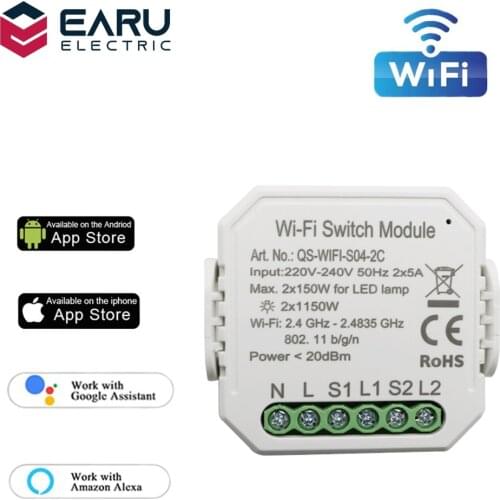 2 Channel 2 Way Wifi Smart Light Switch Diy Breaker Module Smart Life Tuya APP Remote Control Work with Alexa Echo Google Home