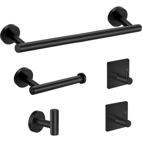 5-Pieces Matte Black Bathroom Hardware Set Stainless Steel Round Wall Mounted - Includes 12 Inch Hand Towel Bar, Toilet Paper Ho