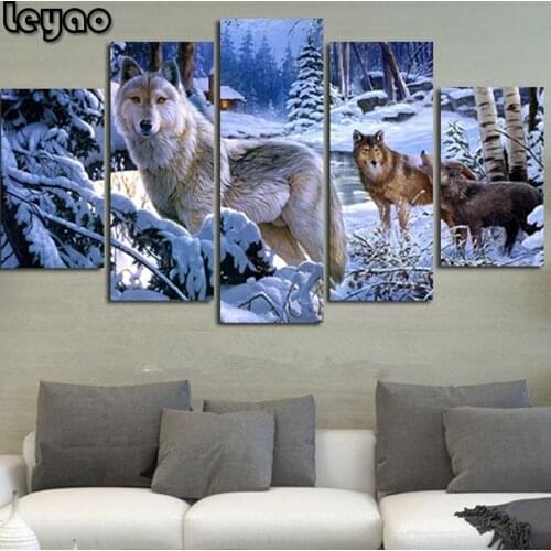 5D Diy Diamond Painting Crystal Cross Stitch Home Decorative 3D Full Square round Diamond Embroidery animals 5PC/SET Snow Wolf