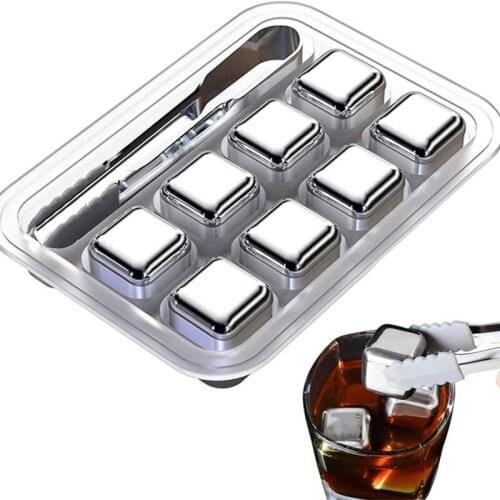 8pcs Stainless Steel Whisky Stones Ice Cubes With Ice Tong Quick-Frozen Tartar Ice Granulator Wine Beer Cooler Bar Kitchen Tools