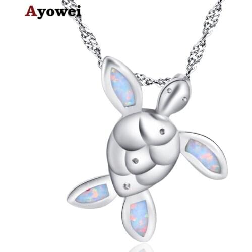 Ayowei cute little turtle silver plated stamped white opal necklace pendant anniversary gift fashion new OP842A