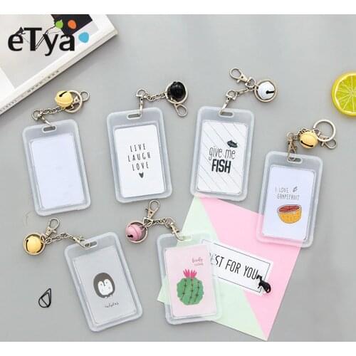 ETya Card Cover with Keyring Chain Fashion Card Bag Bank Credit Card Holder Plastic Cute Cartoon Student ID Bus Card Pass Holder