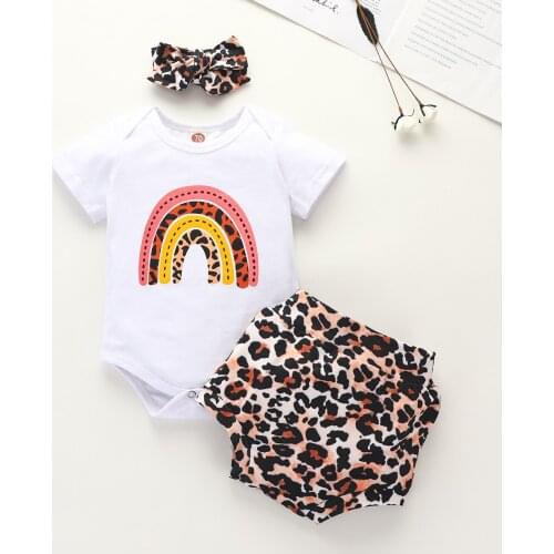 2020 Baby Summer Outfit Girls 3pcs Rolled Sleeve Rainbow Striped Print Romper Tops+Leopard Shorts and Headband Set Summer Outfit