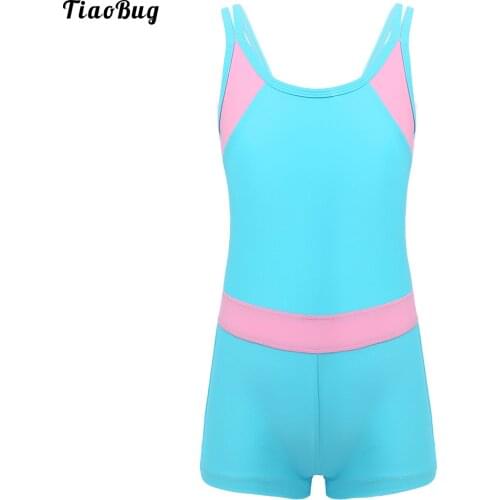TiaoBug Summer Kids Girls One-Piece Swimming Suit U Neck Double Spaghetti Straps Shorts Jumpsuit Beach Swimwear Bathing Suits