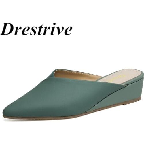 Drestrive Pointed Toe 2021 Summer Classics Mules Sheepskin Big Size 42 Women Pumps Beige Wedges Shallow Mid Heel Sandals