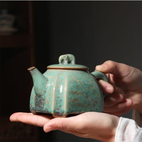 Ceramic Green Glaze Kiln Change Kung Fu Teapot Household Retro Kettle Vintage Pottery Office Tea Pot Chinese Teaware Tea Set