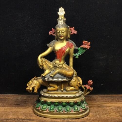 8"Chinese temple collection Old Bronze Painted Free Goddess of Mercy Manjushri Lotus Terrace Sitting Buddha Ornaments Town House