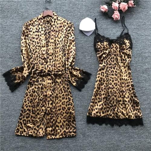 Daeyard Womens Robe Gown Set 2019 New Silk Leopard Robe And Nightdress 2 Pieces Home Suit Summer Sexy Lace Sleepwear Nightwear