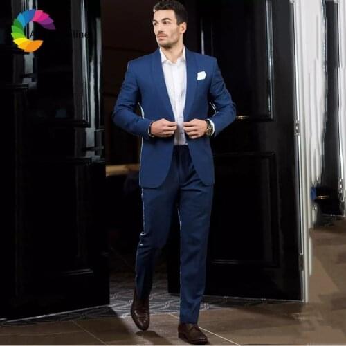 Royal Blue Formal Men Suits Slim Fit Wedding Tuxedos Groom Wear 2 Pieces(Jacket+Pants) Groomsman Prom Suits Costume Homme Blazer