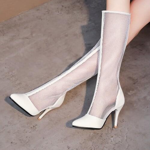 Summer Boots Sexy white Mesh Boots Women Pointed Toe Over The Knee High Boots Fashion zipper High Heel Long Boots black