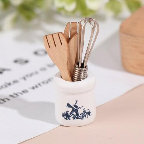 Miniatures Wooden And Fork Metal Whisk Jar Set Accessories Doll House Kitchen
