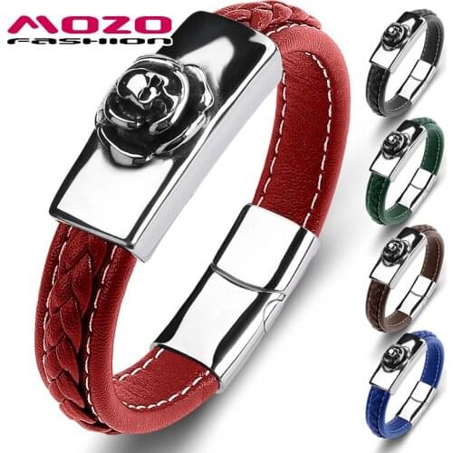 MOZO FASHION 2021 New Trendy Charm Skeleton Multi Color Men Stainless Steel Bracelets Genuine Leather Simple Jewelry Gifts 127