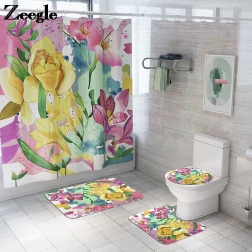 4Pcs Printed Floral Bath Mat Absorbent Shower Curtain Set Non-slip Toilet Seat Cover Mat Anti Slip Foot Mat Bathroom Carpet