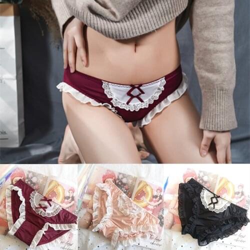 The New Japanese Lolita Girl Cute Triangle Panties Ice Silk Lace Bag Hip Low Waist Maid Outfit Color Matching Pink Sexy WOMEN