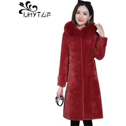 UHYTGF New winter fur coat womens quality sheep shearing warm long fur coat fashion fox fur hooded 4XL plus size outerwear 513