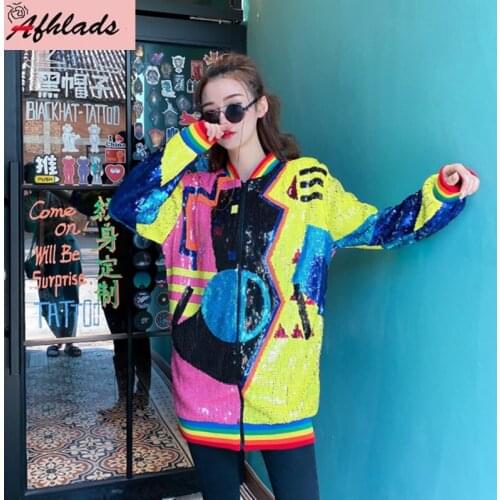 Autumn And Winter Loose Korean Sequined Jacket Women Streetwear Geometric Pattern Night Club Hip Hop Long Sleeve Party Jacket