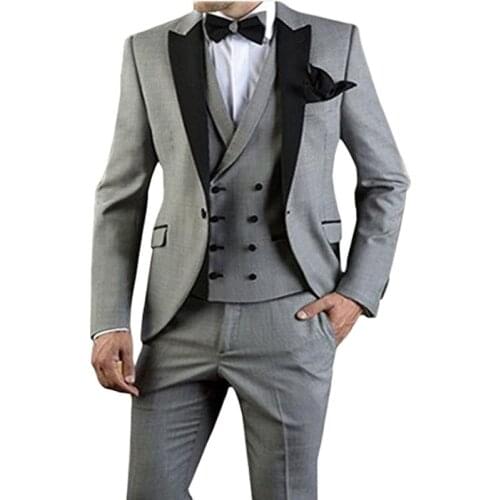 Peak Lapel Handsome Groom Tuxedos Light Gray Men Evening Dress Toast Business Suit Customize (Jacket+Pants+Vest+Tie) NO:076