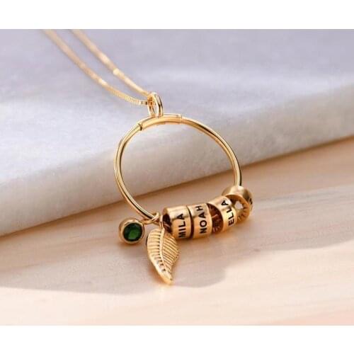 Personalized Custom Letter Names Pendant Necklace Stainless Steel Leaf Engraved Beads Charms for Mothers Day Gifts Woman Jewelry