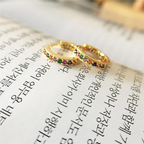 Trendy Gold Color Plating Colorful CZ Stone Paving Small Hoop Earrings For Women Girl Cute Chic Pretty Rainbow Jewelry Accessory