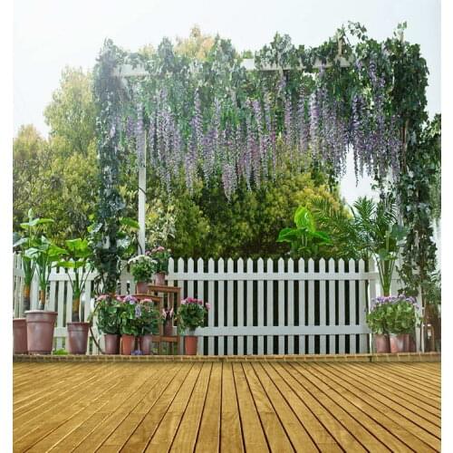 TR 8x8FT Green Tree Flowers Branch Vine Gate Photography Backdrops White Wood Fence Wooden Floor Custom Studio Backgrounds Vinyl