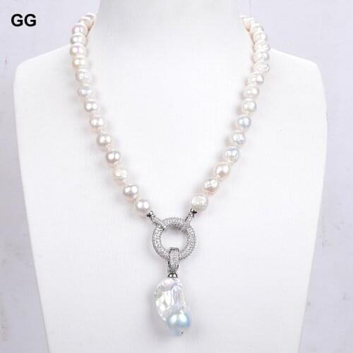 GuaiGuai Jewelry 19" 10mm Natural White Pearl Necklace CZ Baroque Keshi Pearl Pendant