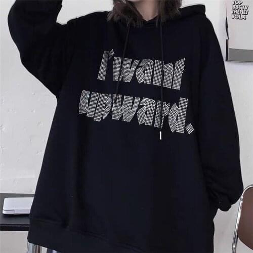 Womens Retro Rhinestone Sweatshirt Harajuku Hoodies Korean Style I want upward Letter Long-sleeved Loose Oversized Streetwear