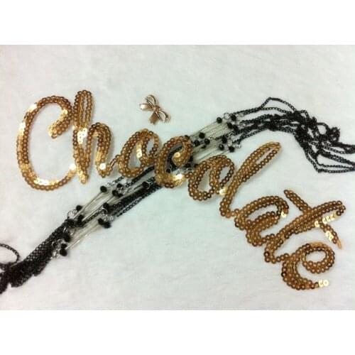 Gold chocolate English sequins Embroidered Lace Fabric Applique for clothing decoration Iron on patches 27cm*8.5cm