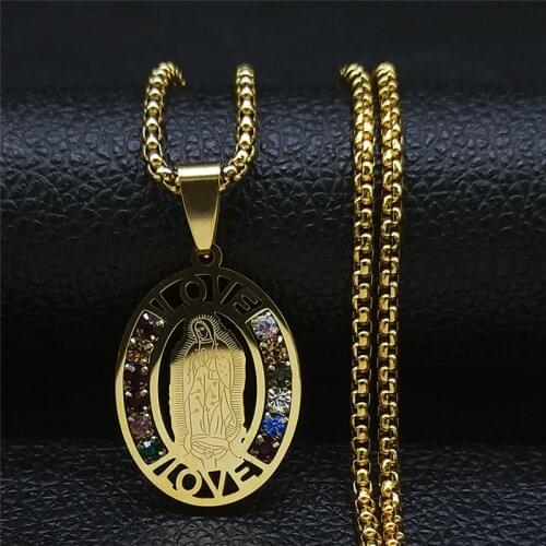 2021 Catholic Virgin Stainless Steel Mix Crystal Necklaces Gold Color Chain Necklaces Jewelry collier ras de cou N4906S05