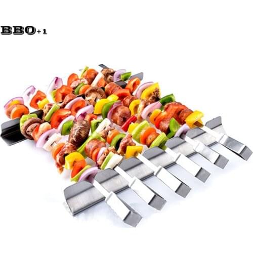 BBQ Accessories 6pcs Stainless Steel BBQ Skewers with Rack Holder Grill Barbecue Flat Forks Kebab Grill Rack Wide BBQ Needle 14