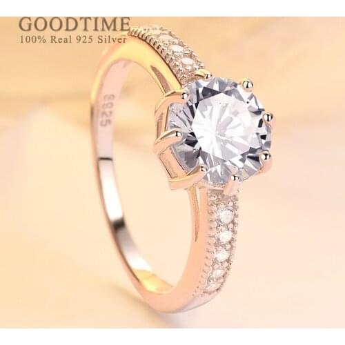 Noble Fashion Ring Pure 925 Sterling Silver Ring Wedding 1 Ct Stone Zircon Row Rhinestone Engagement Rings Jewelry Accessories