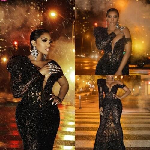 Sparkly Black Mermaid Prom Dresses 2021 Arabic African Lace Sequined Single Long Sleeve Women Plus Size Formal Evening Gowns