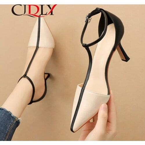 CJDLY Sexy Shoes Women Pumps Female Colorblock Pointed Toe Polka Dot Shoes Ankle Buckle Strap High Heel Casual Ladies Footwear